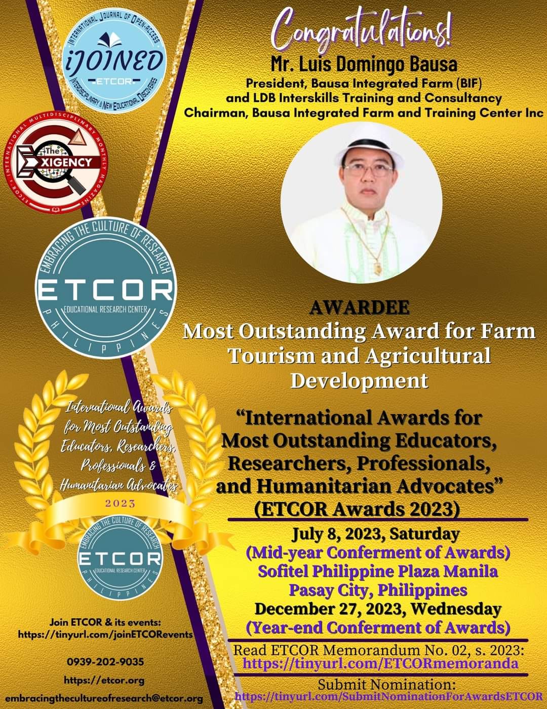 Most Outstanding Award for Farm Tourism and Agricultural Development